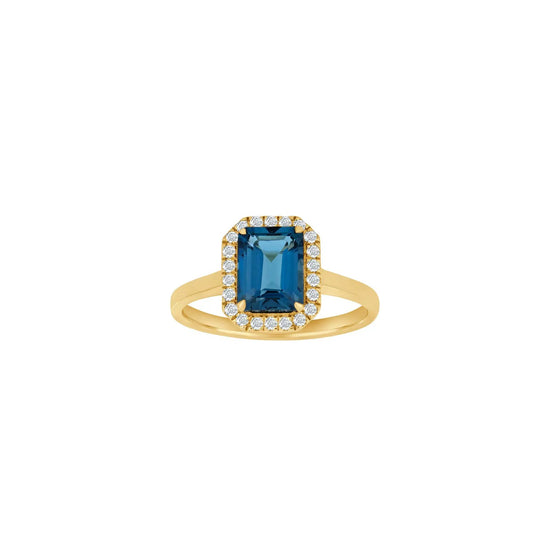 14kt. guldring m/London blå topaz/dia. 0,16ct W/SI