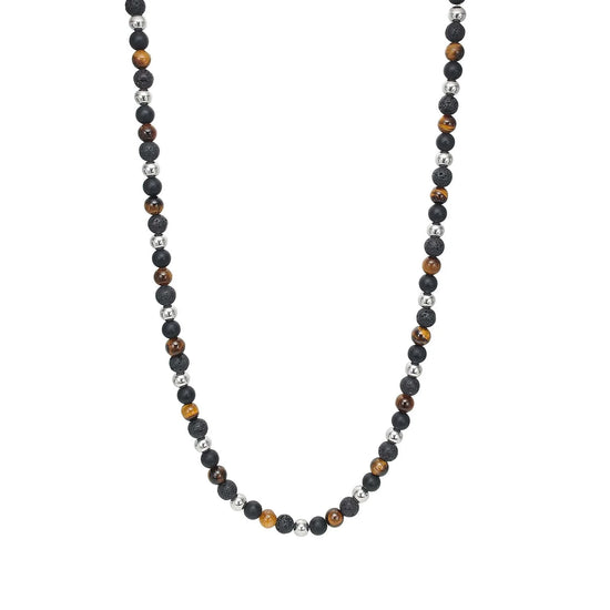 SON kæde stål med yellow tiger eye/mat onyx/lava 6mm 50+5cm