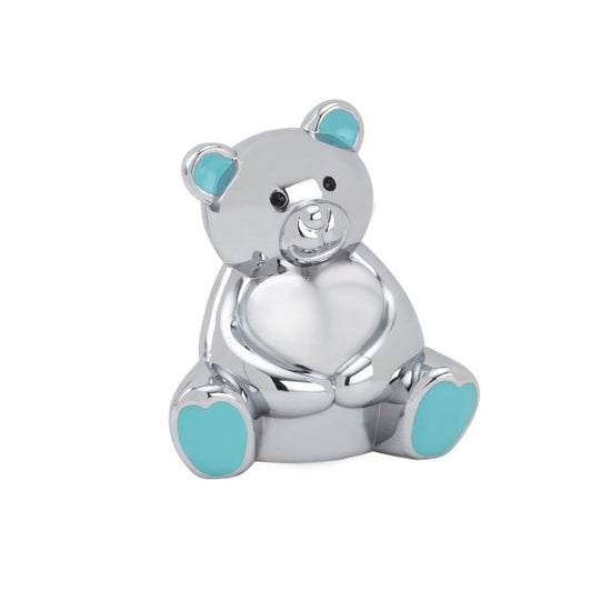 Forkromet Bamse m. lyseblå ører Sparebøsse