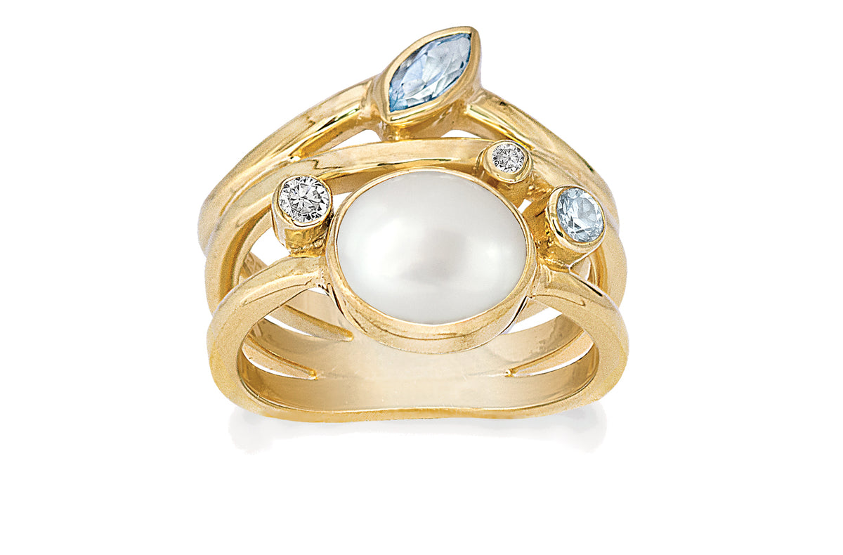 Rabinovich - Optimism ring st. 57 Forgyldt hvid perle, sky blue, hv. topas