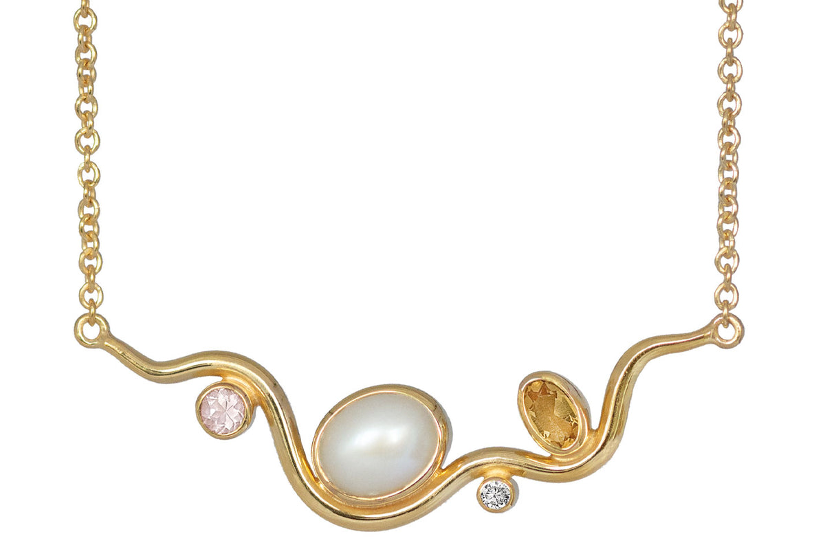 Rabinovich - Happy Bow collier forgyldt hvid perle, citrin rosenkvarts cz