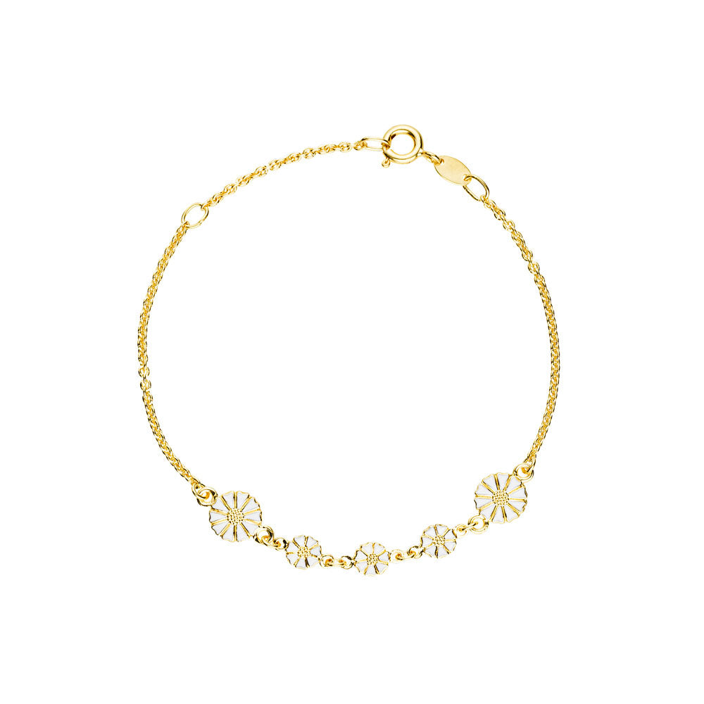 Marguerit armbånd 2x7,5mm og 3x5mm forgyldt med hvid emalje